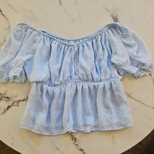 Light Blue Flowered Off-Shoulder Women's Babydoll Top